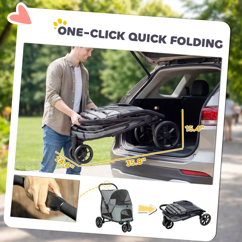 Poussette pour animaux de compagnie à 3 roues avec pliage rapide facile en un clic – Image 3