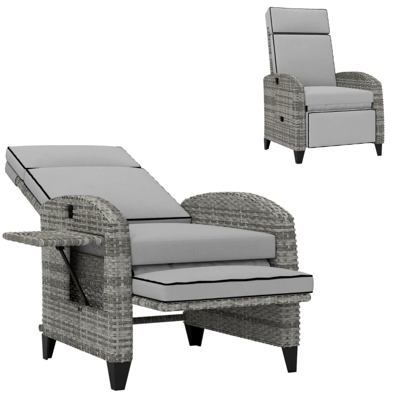 Outdoor Recliner Chair With Cushions, Reclining Patio Lounge Chair With Adjustable Footrest, Armrests, Tray Table, Gray