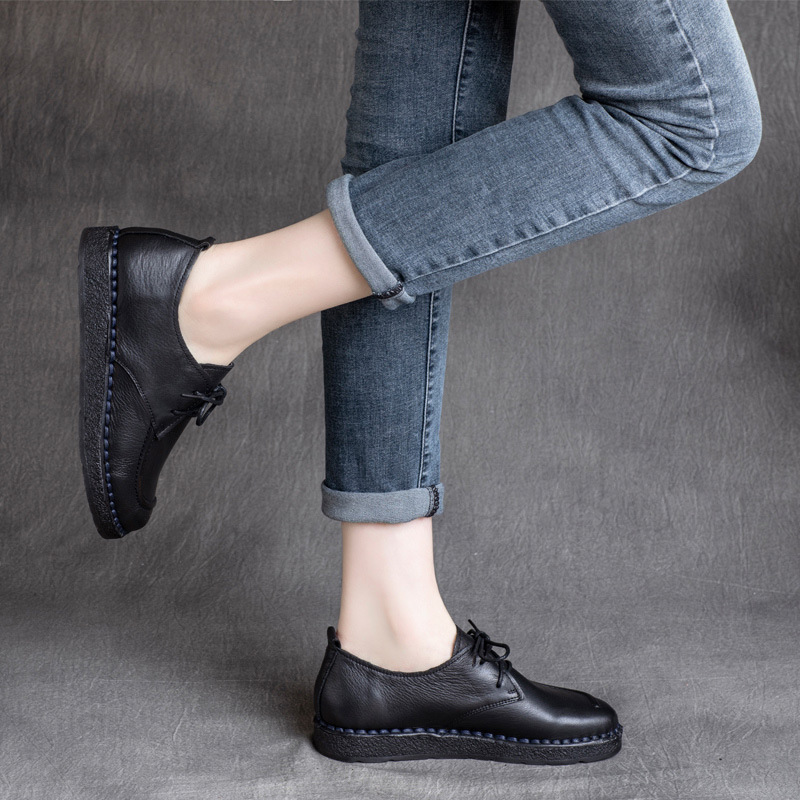 Title 7, Cowhide Lace-up Low Heel Soft Bottom Flat Shoes