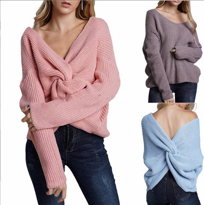 Women's Knitted Round Neck Pullover Cross Sweater