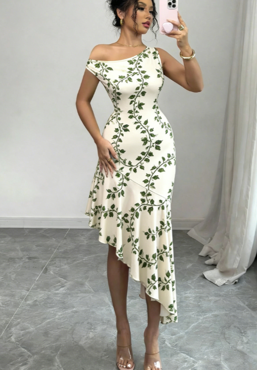 French-style Elegant Floral Print Off-shoulder Asymmetrical Fishtail Dress For Women