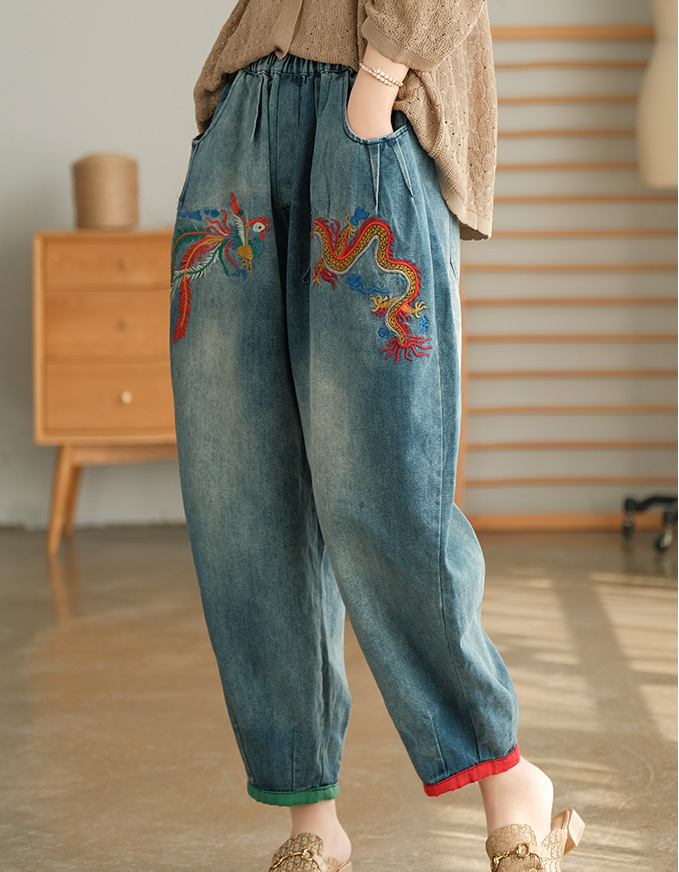 Title 3, Chinese Style Embroidered Phoenix Denim Harem P...