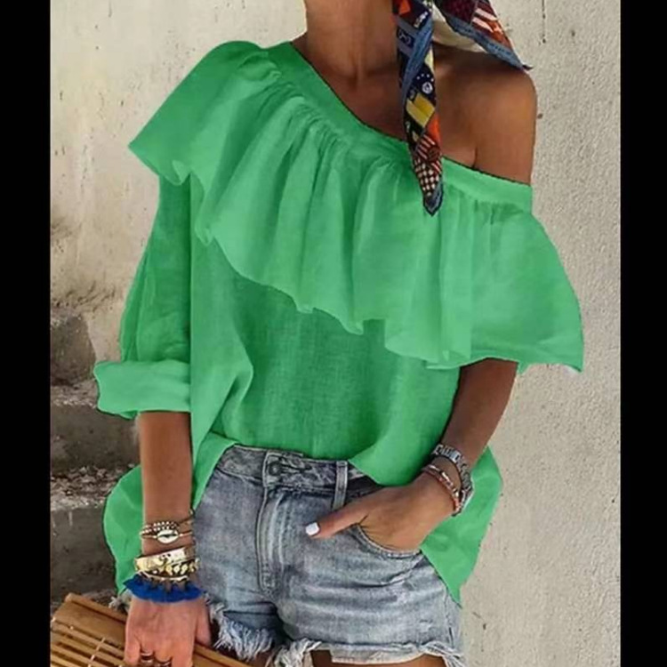 Spring And Summer Oblique Shoulder Short-sleeved Casual Linen Plus Size T-Shirt Top