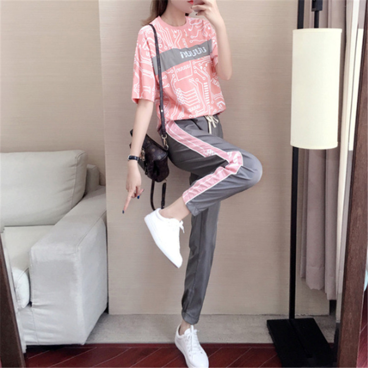 Loose Short Sleeve High Waist Pants Student Two Piece Set