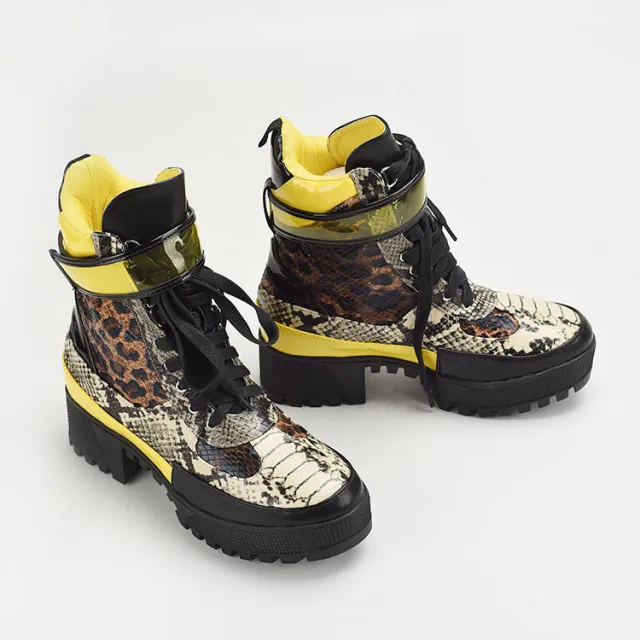Snakeskin Pattern Color Matching Round Toe Front Lace up Velcro Thick heel Martin Boots Picture Color 41 - Shop at LoveMi