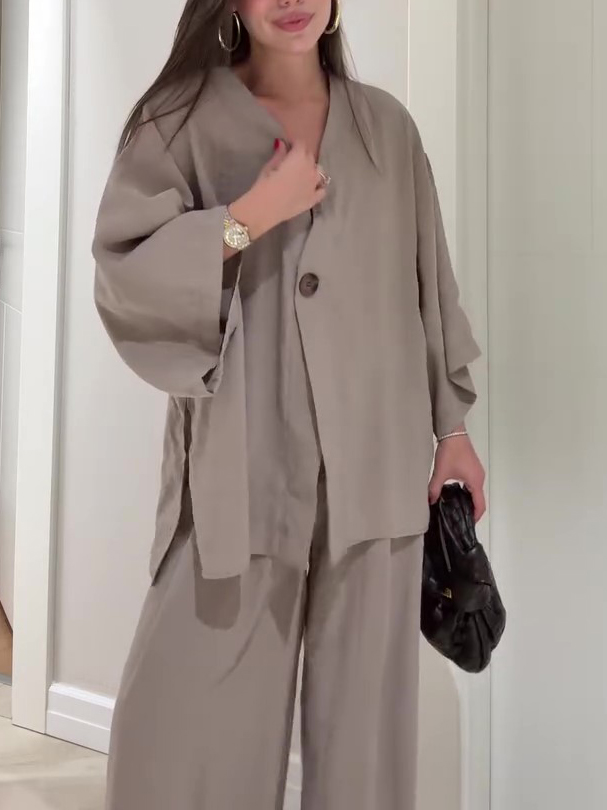 Solid Color Single Button Top And Pants Set