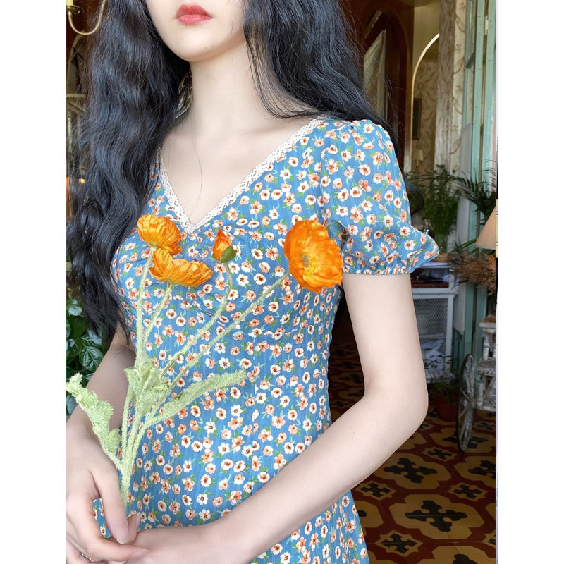 Net Red Floral Dress French Retro Blue V