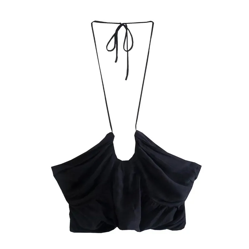 Pleated Cross Halter Tank Solid Color Top - Black