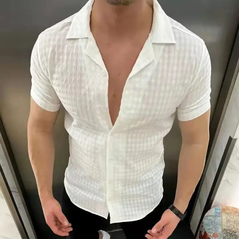 Men's Solid Color Short Sleeve Lapel Cotton Jacquard Cardigan