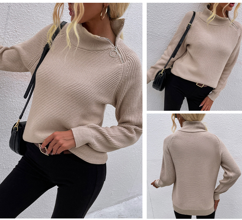 Title 6, Solid Color Turtleneck Zipper Sweater Blouse