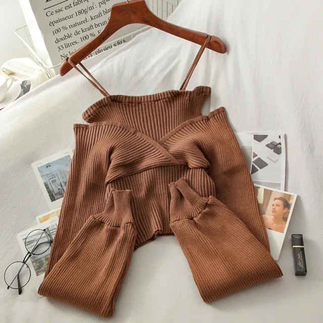 Versatile Off Shoulder Sling Knit Sweater Fake Two Pieces Long Sleeve Coffee - Shop at LoveMi