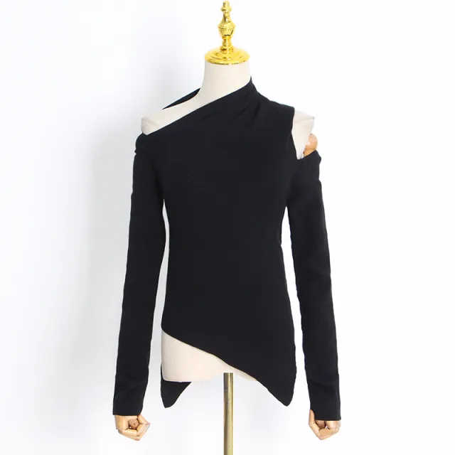 Diagonal Collar Long Sleeve Irregular Women's Solid Color Sweater Black - Shop at LoveMi