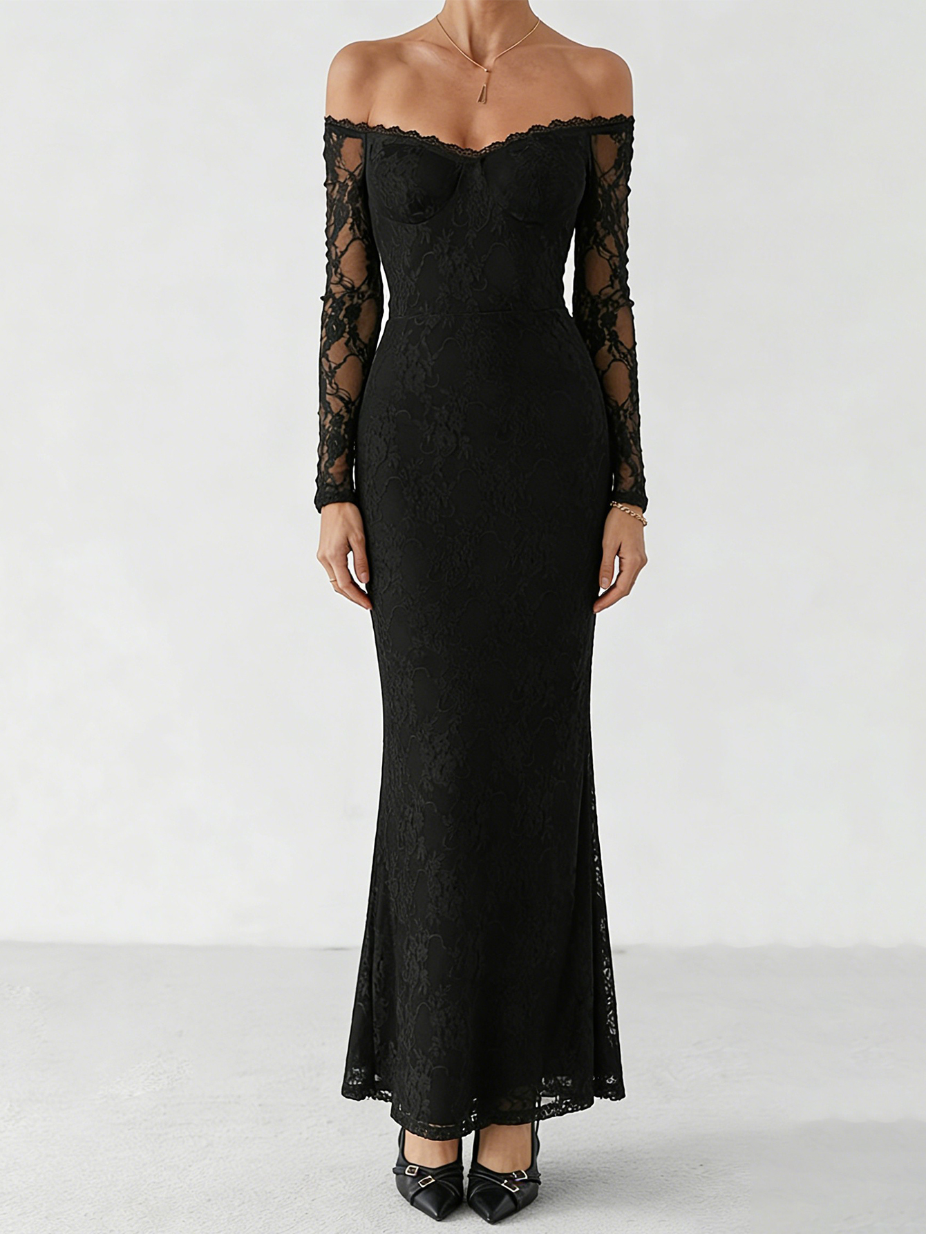 Women's Black Lace Off The Shoulder Long Sleeve Maxi Dress - Sheer Sleeve Formal Evening Gown