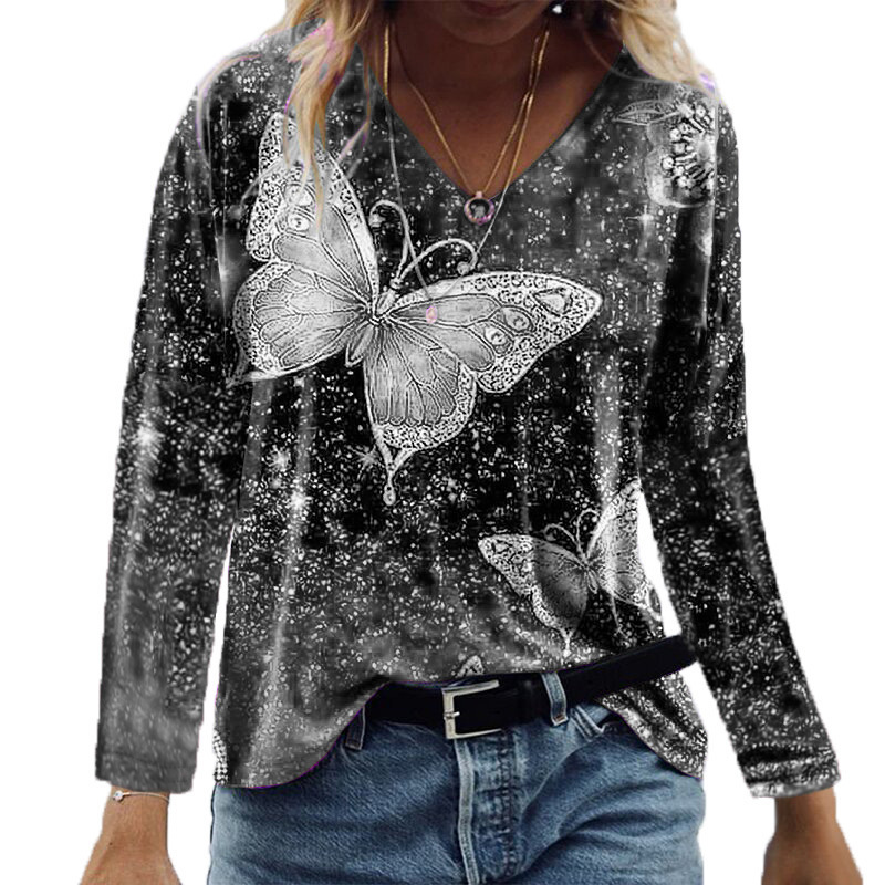 Title 4, Casual Top V-Neck Butterfly Print Loose Long Sl...