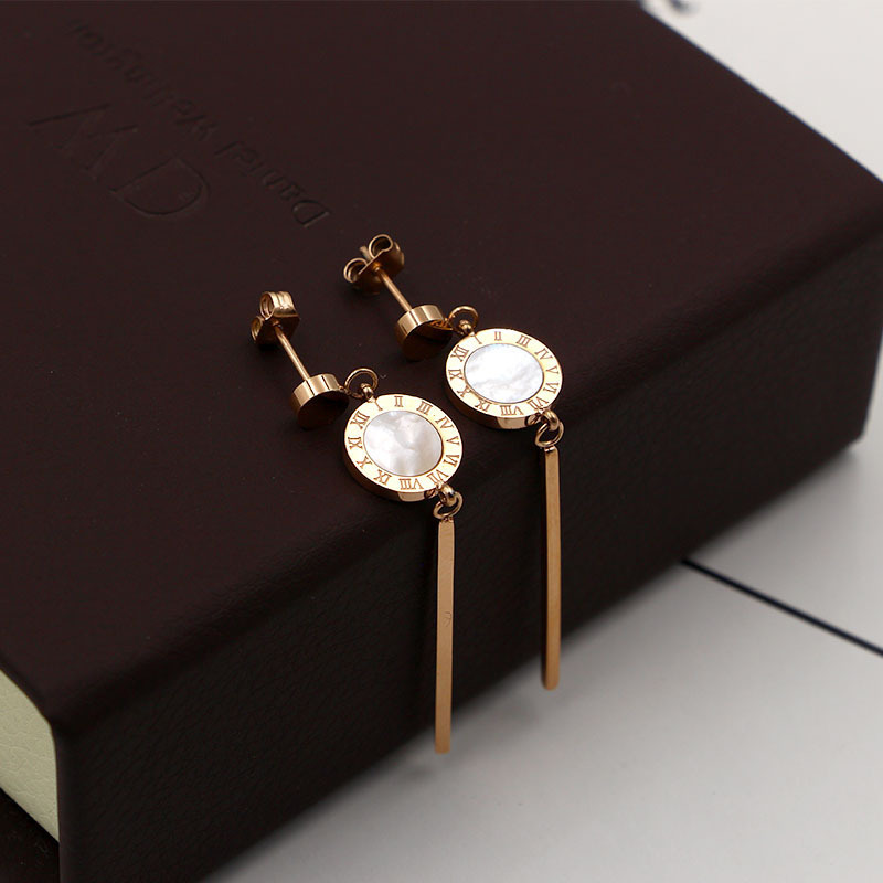 Fashion Small Golden Bean Hanging Roman Numeral Shell Stick Long Rose Gold Earrings