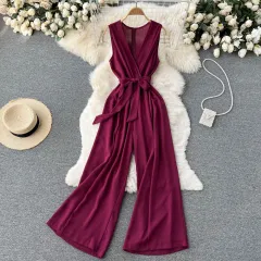 Fashionable Ladies Temperament V-neck Sleeveless Jumpsuit With Waist - Red - View 1