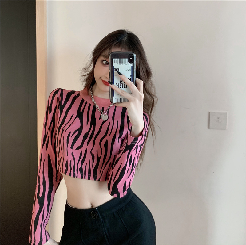 Skinny Long Sleeve Bottoming Shirt Retro Cropped Zebra T-Shirt