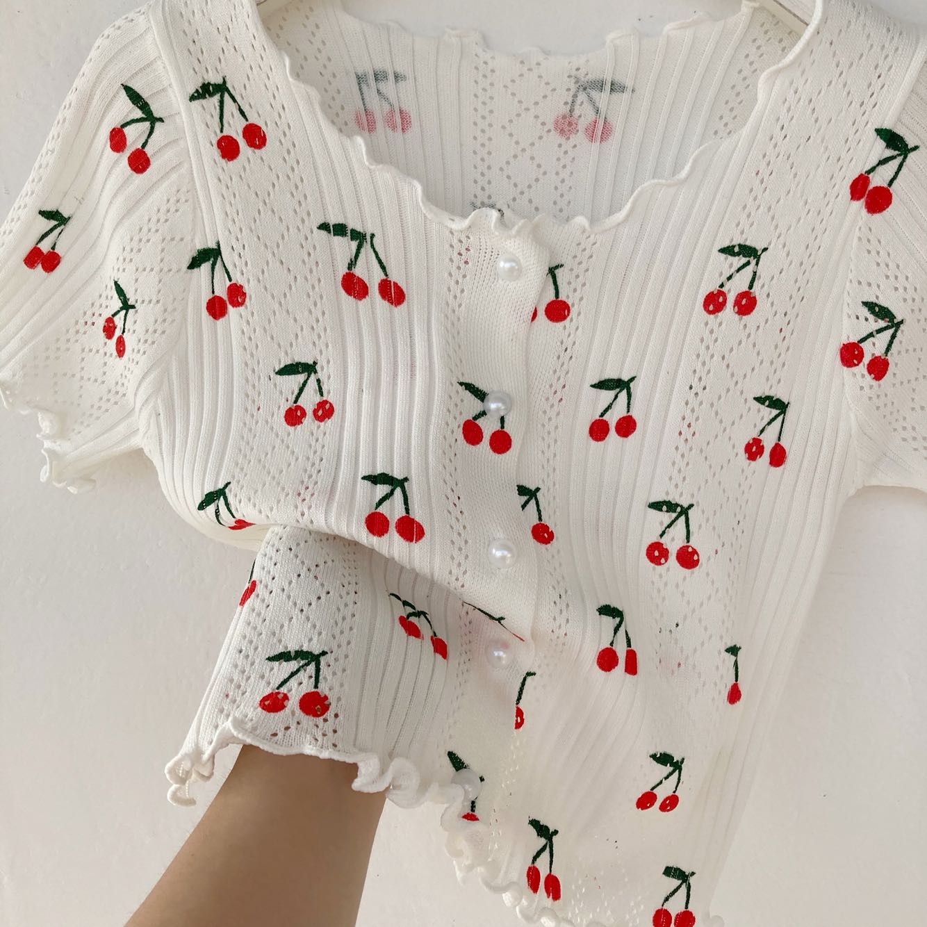 Summer Cherry Knit Short Sleeve Cropped Top