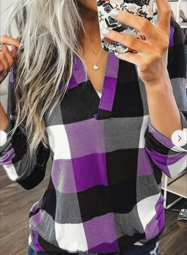 Casual Plaid Shirt, Long Sleeve V neck Shirt, Casual Every Day Tops, Women's Clothing Purple - Shop at LoveMi