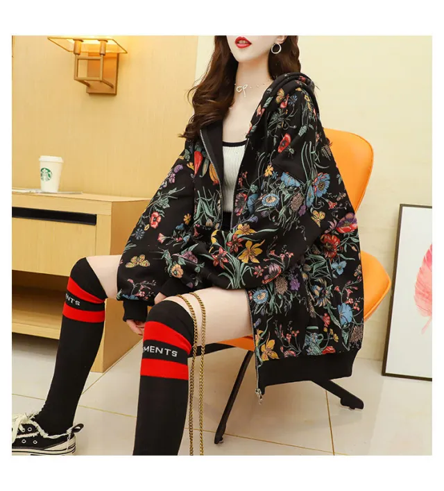 Women Plus Velvet Thick Hooded Hoodies Casual Loose Floral Print Black - Shop at LoveMi