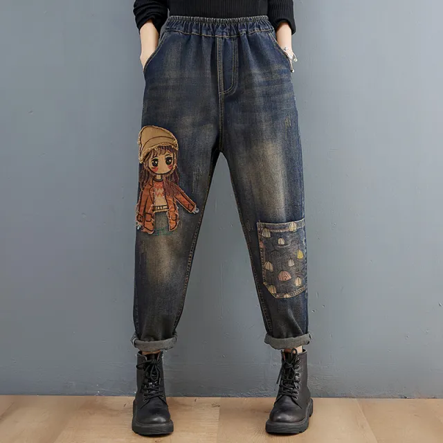 Cartoon Stickers Embroidered Jeans For Women Dark Blue - Shop at LoveMi