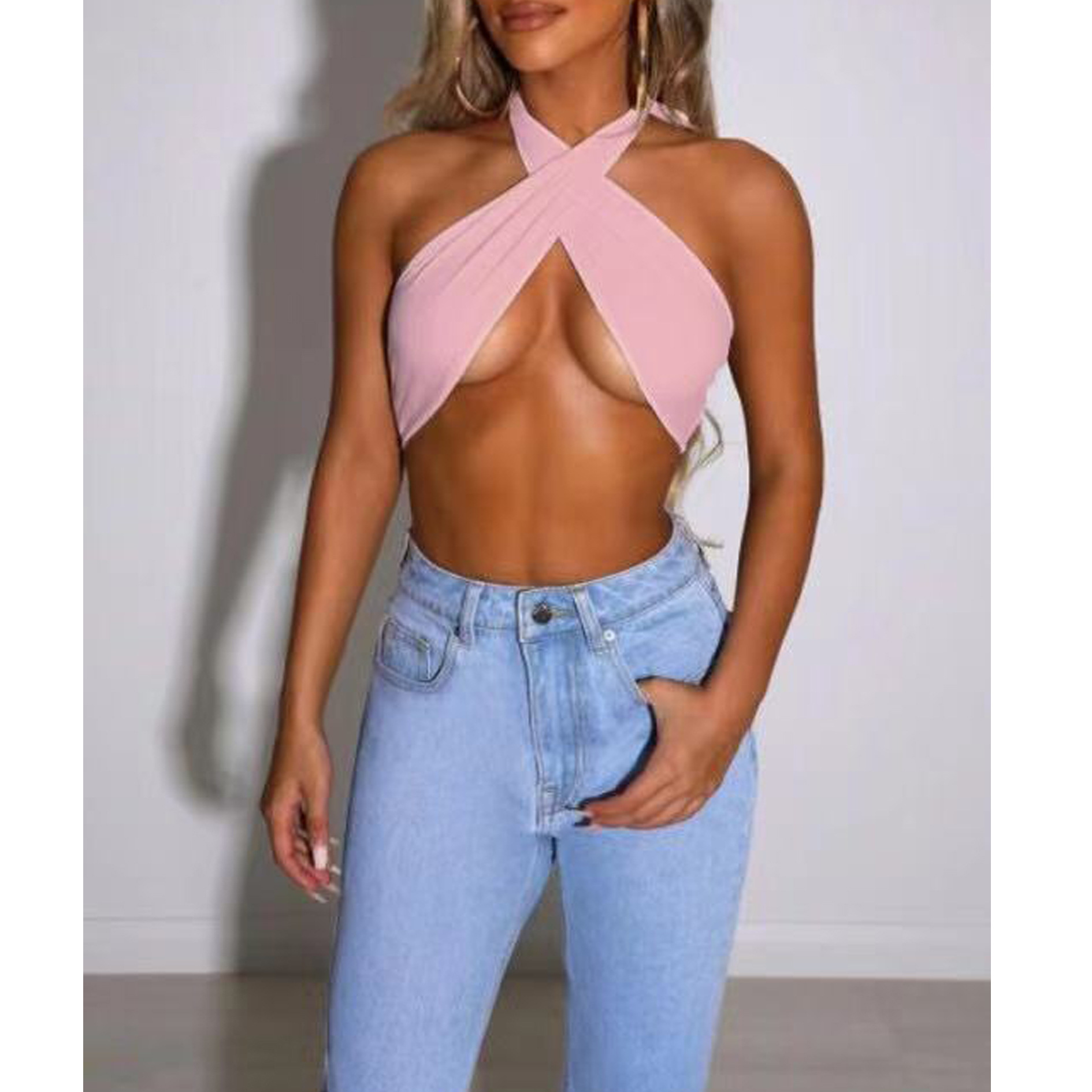 Title 3, Solid Color Cross Halter Neck Wrap Chest Strap Top