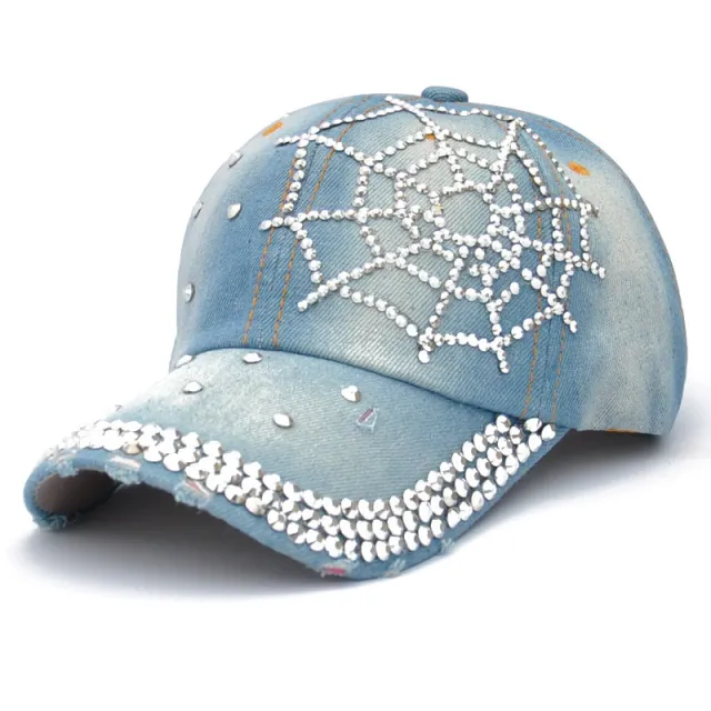 Spider Web Rhinestone Hot Rhinestone Fashion Cap Light Blue - Shop at LoveMi