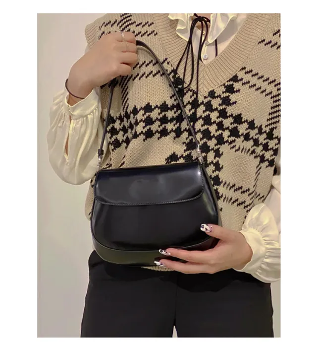 New Simple Trendy Niche Design Hobo Armpit Bag Baguette Cleo Bag Single Shoulder Leather Female Black - Shop at LoveMi