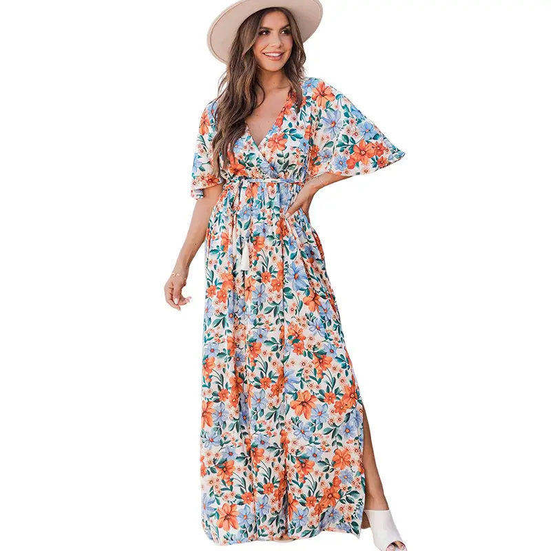 Women's Fashion V-neck Floral Print Slit Long Dress
