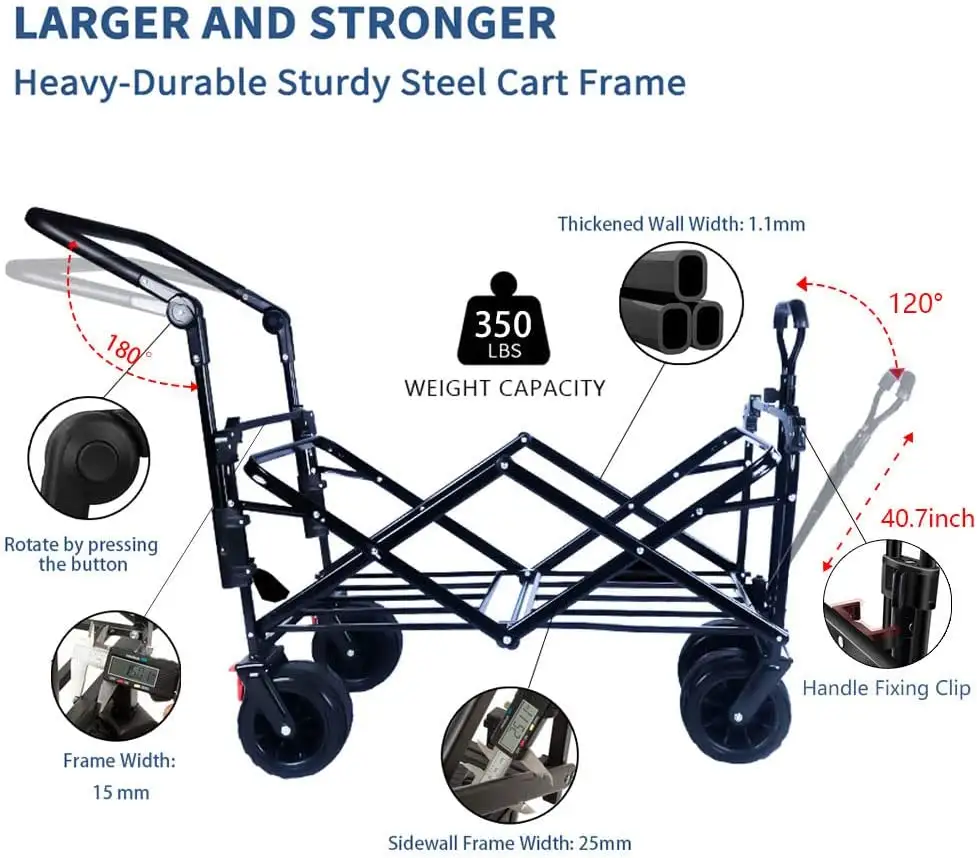 Collapsible Wagon 140L Wagons Carts Foldable With Removable Canopy, Folding Wagon Cart With Wheels For All-Terrain With Brake, Foldable Wagon With Cooler Bag, F