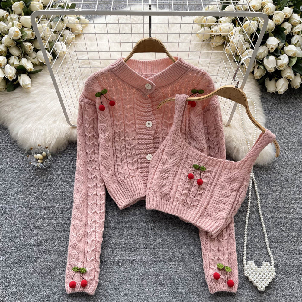 Long Sleeve Knit Sweater Cardigan Jacket Short Style Halter Vest