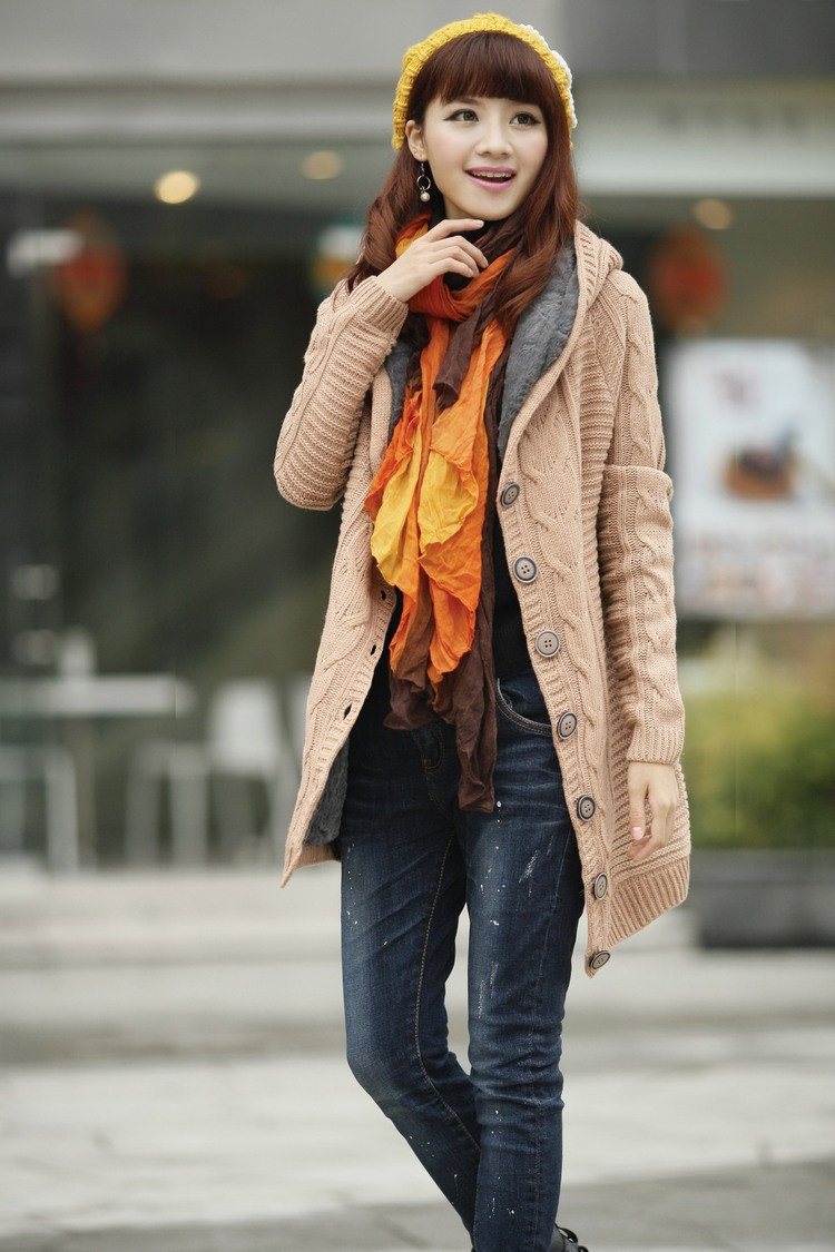 New Twist Button Mid-length Hooded Knitted Cardigan