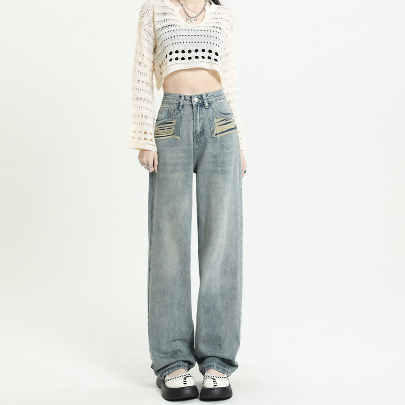 Women's Fashion High Waist Ripped Straight Trousers Blue - Shop at LoveMi
