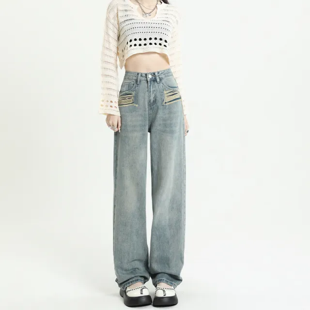 Women's Fashion High Waist Ripped Straight Trousers Blue - Shop at LoveMi