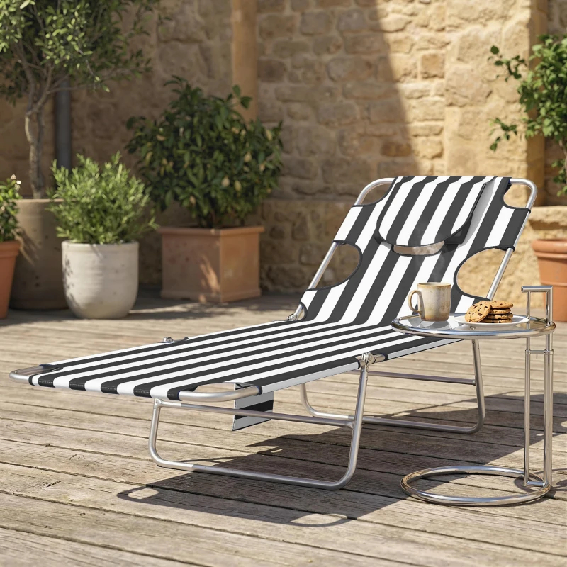 Tanning Chair With Face Hole, 5-Level Adjustable Outdoor Chaise Lounge Chair With Pillow For Beach, Pool, Black Stripe