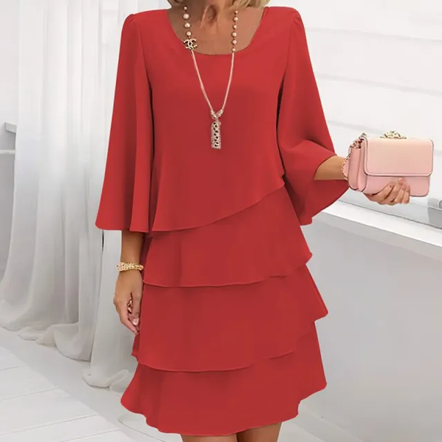 Women's Long Sleeve Crew Neck Tiered Layered Midi Dress , Asymmetrical Hem A Line Short Elegant Party Dress Red - Shop at LoveMi