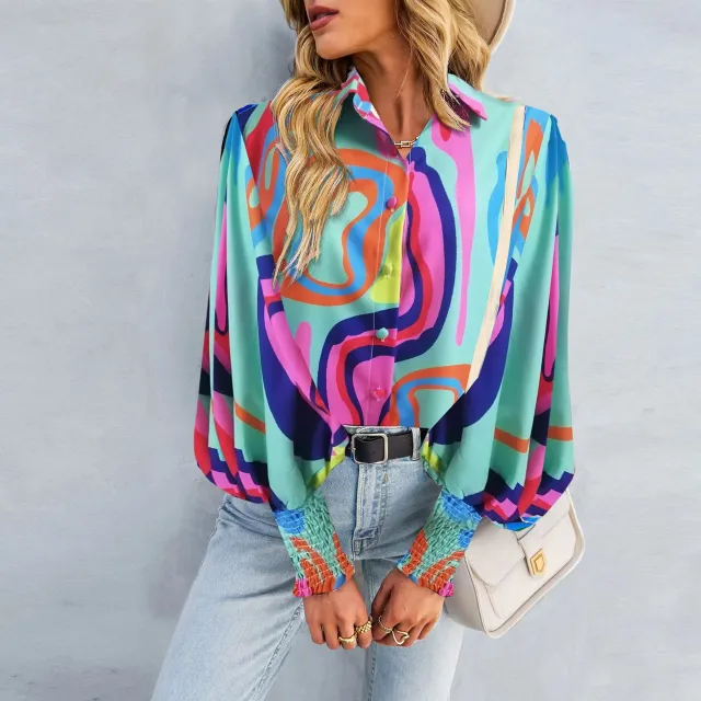Fashion Print Commuter Versatile Lantern Long Sleeve Shirt Color3 - Shop at LoveMi