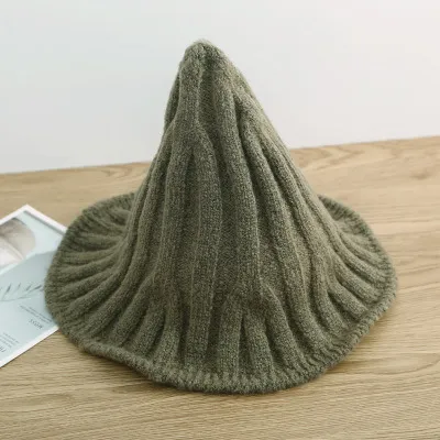 Fisherman Hat Women's Autumn And Winter Korean Fashion Trendy Wool Pointed Knit Hat Dark Green - Shop at LoveMi