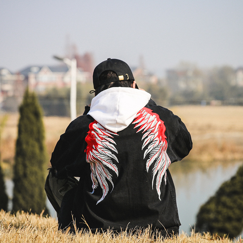 Wings Three-dimensional Embroidery Broken Holes Washed Youth Fashion Trend Denim Clothes