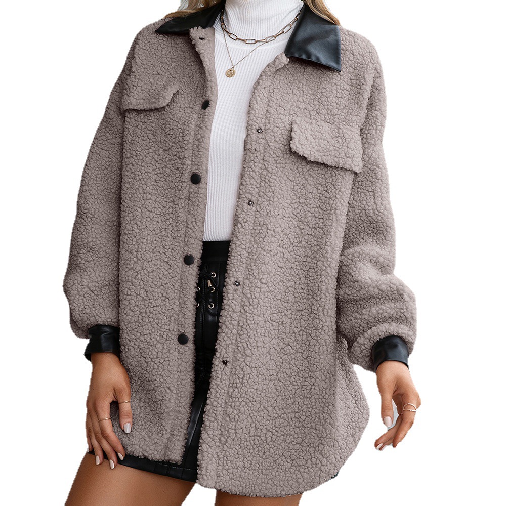 Women's Plush PU Long Single-breasted Trench Coat Top