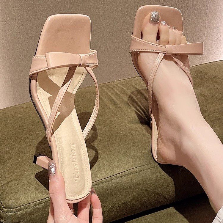 Bow Shaped Square Headed Slippers For Women, French Fashion, Casual, Daily High Heels, Cool Slippers