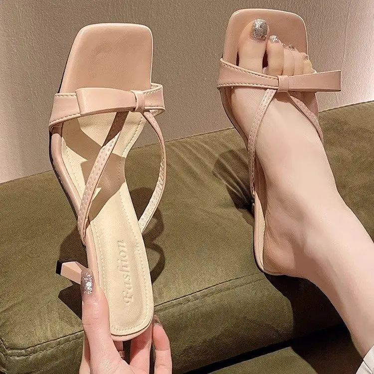 Bow Shaped Square Headed Slippers For Women, French Fashion, Casual, Daily High Heels, Cool Slippers