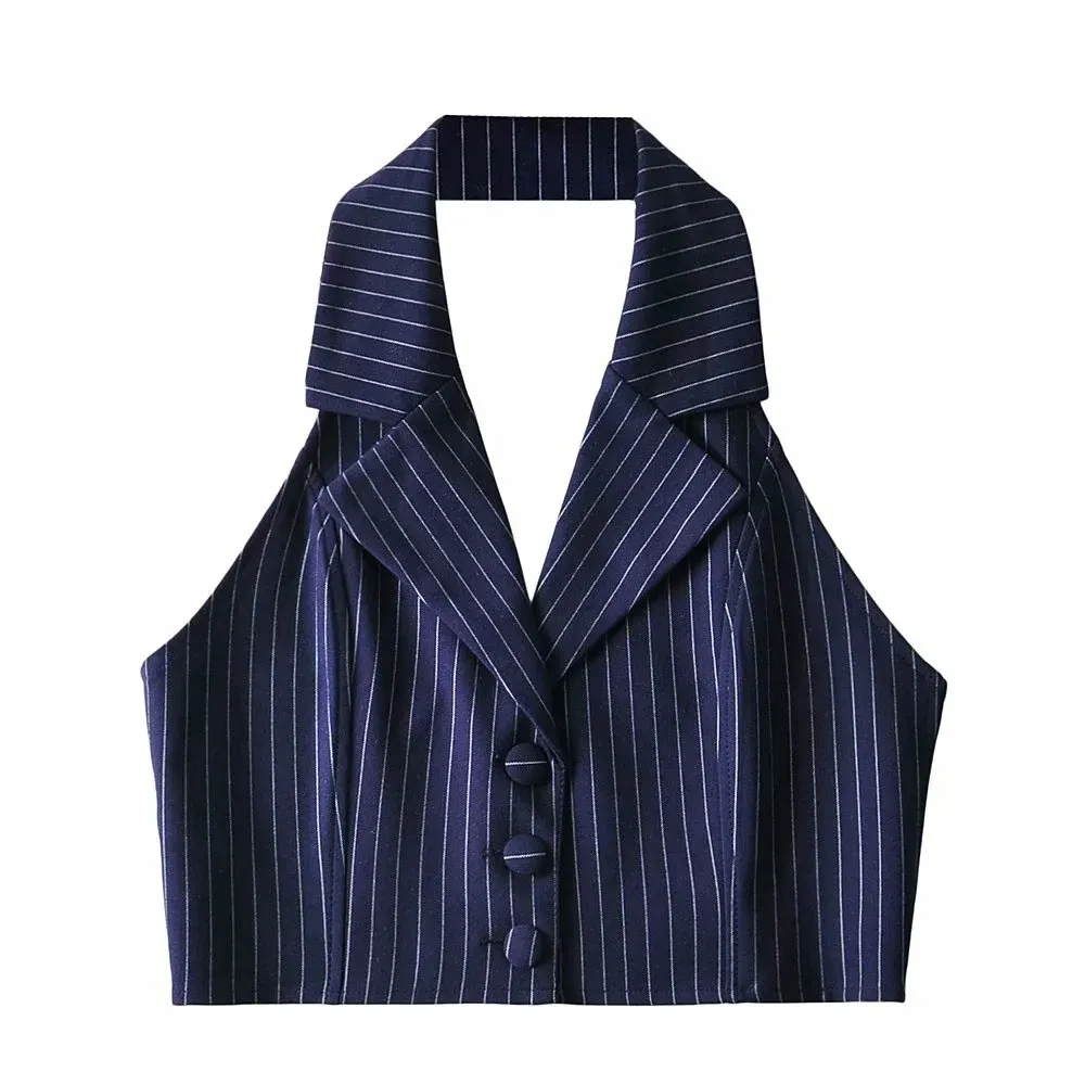 Women's Single Breasted Slim Short Vest - Navy Blue