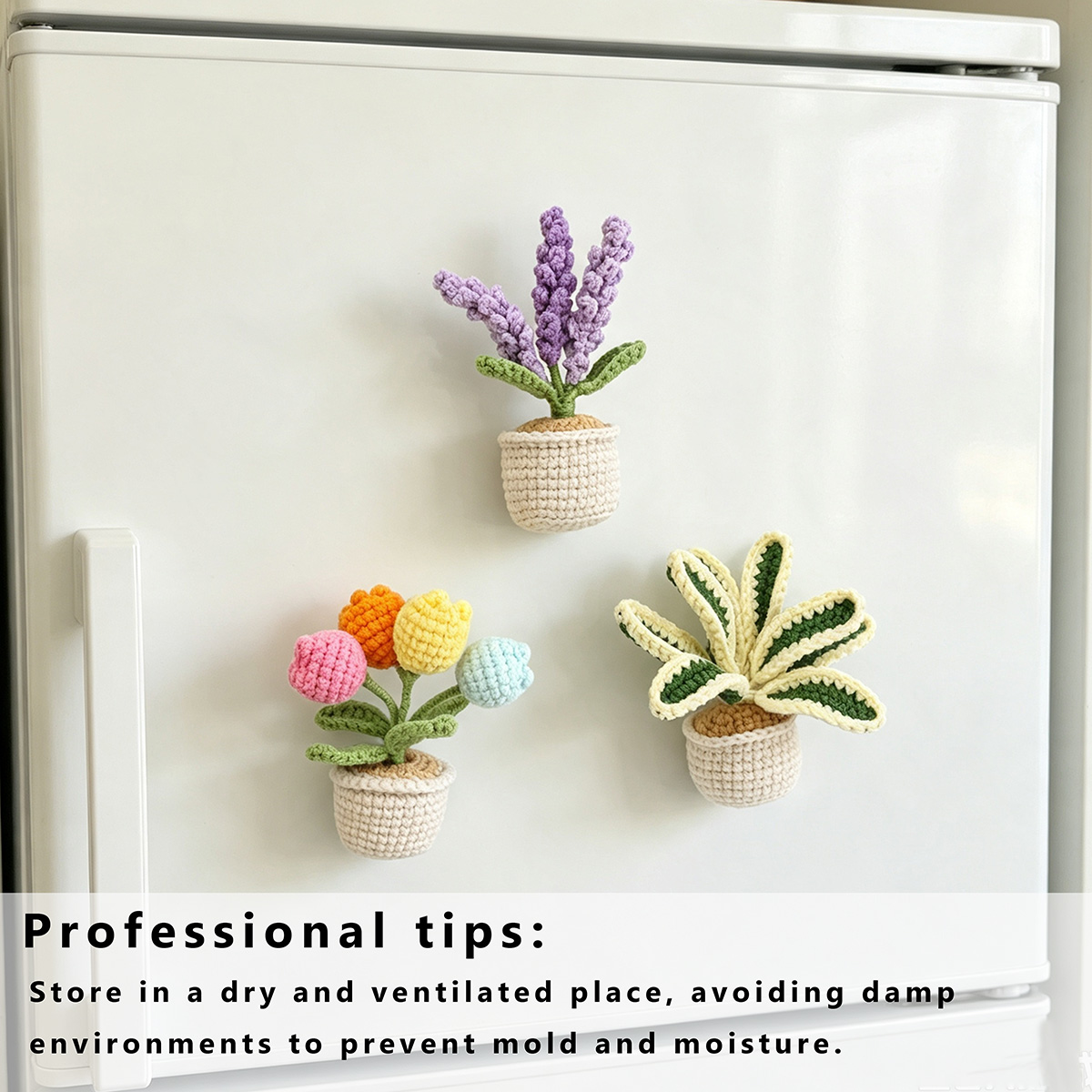 Handmade Crochet Potted Ornament Three Piece Set With Lavender Tulip Foliage Plant Soft Yarn Everlasting Crochet Decor Indoor Home Tabletop Magnetic Decoration
