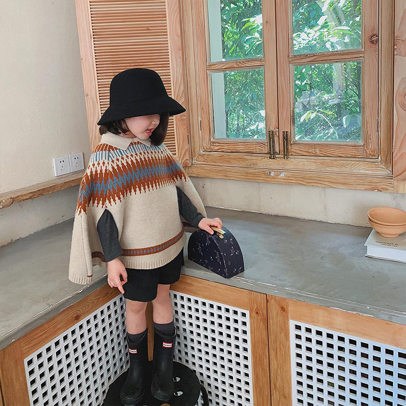 Girls Fashion Rhombus Pattern Contrast Color Cape Shawl