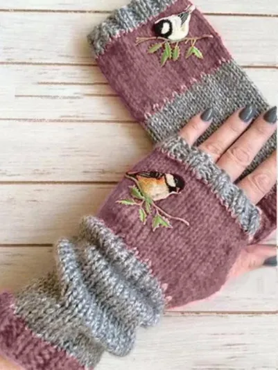 Fashion Warm Stitching Embroidered Gloves Women Red Coffee - Shop at LoveMi