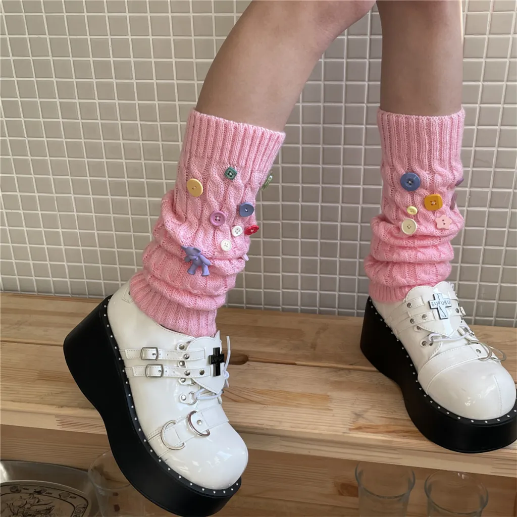 Design Handmade Button Pin Multicolor Socks - Pink