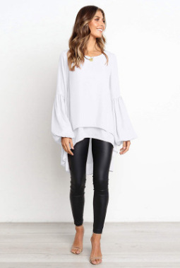 Title 5, Round Neck Lantern Sleeve Irregular Ladies Top