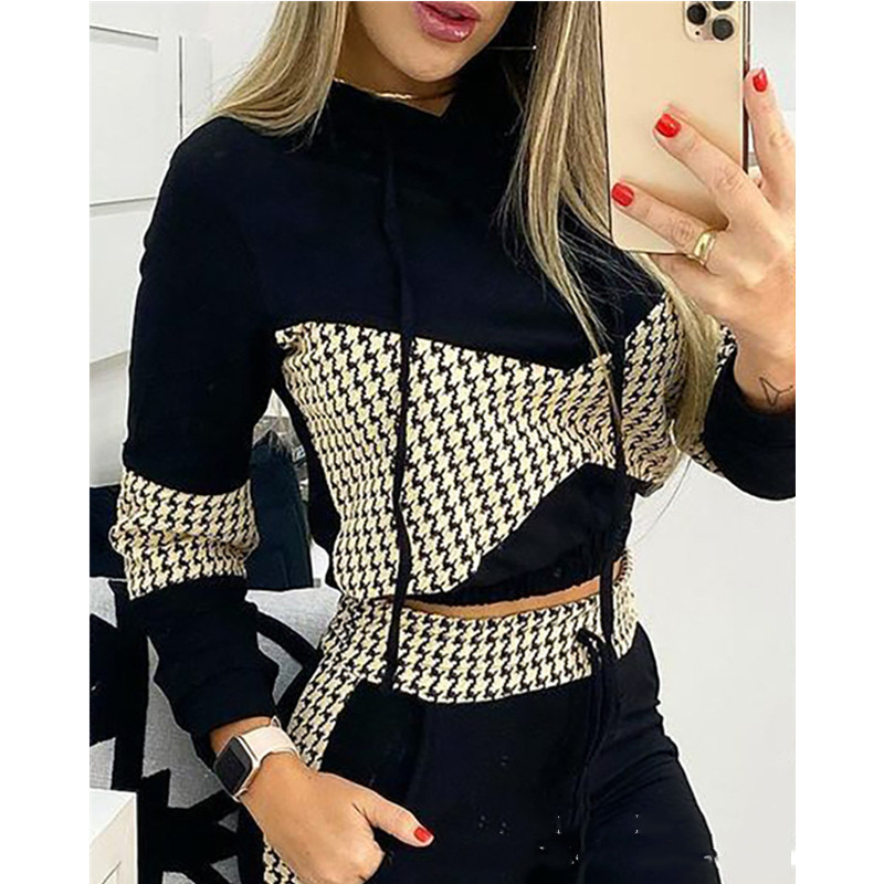 European And American Women's Black Houndstooth Print Casual Suit