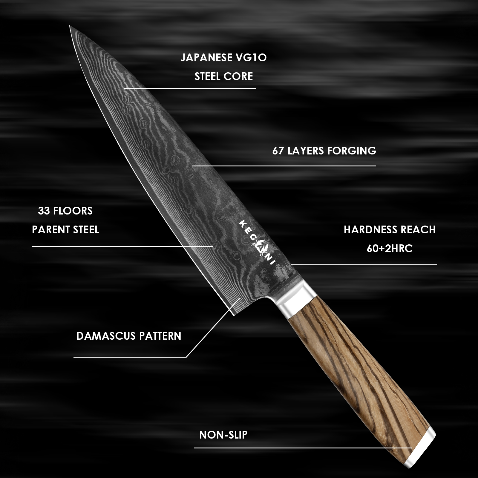 Kegani Chef Knife - 8 Inch Japanese Knife, 67 Layers Japanese VG-10 Damascus Steel Ultra Sharp Kitchen Knife, Professional Chef Knife Gyuto Knife- Ergonomic Full Tang Handle